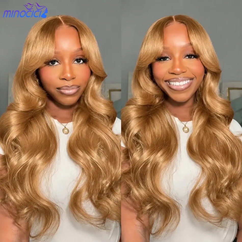 Hd Lace Frontal Wig Human Hair Pre Plucked - باروكة شعر طبيعي بلون العسل، موجة
